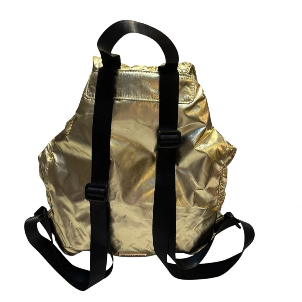 NWT Madden Girl Backpack Metallic Gold Quilted Drawstring Shiny Black Zip Straps